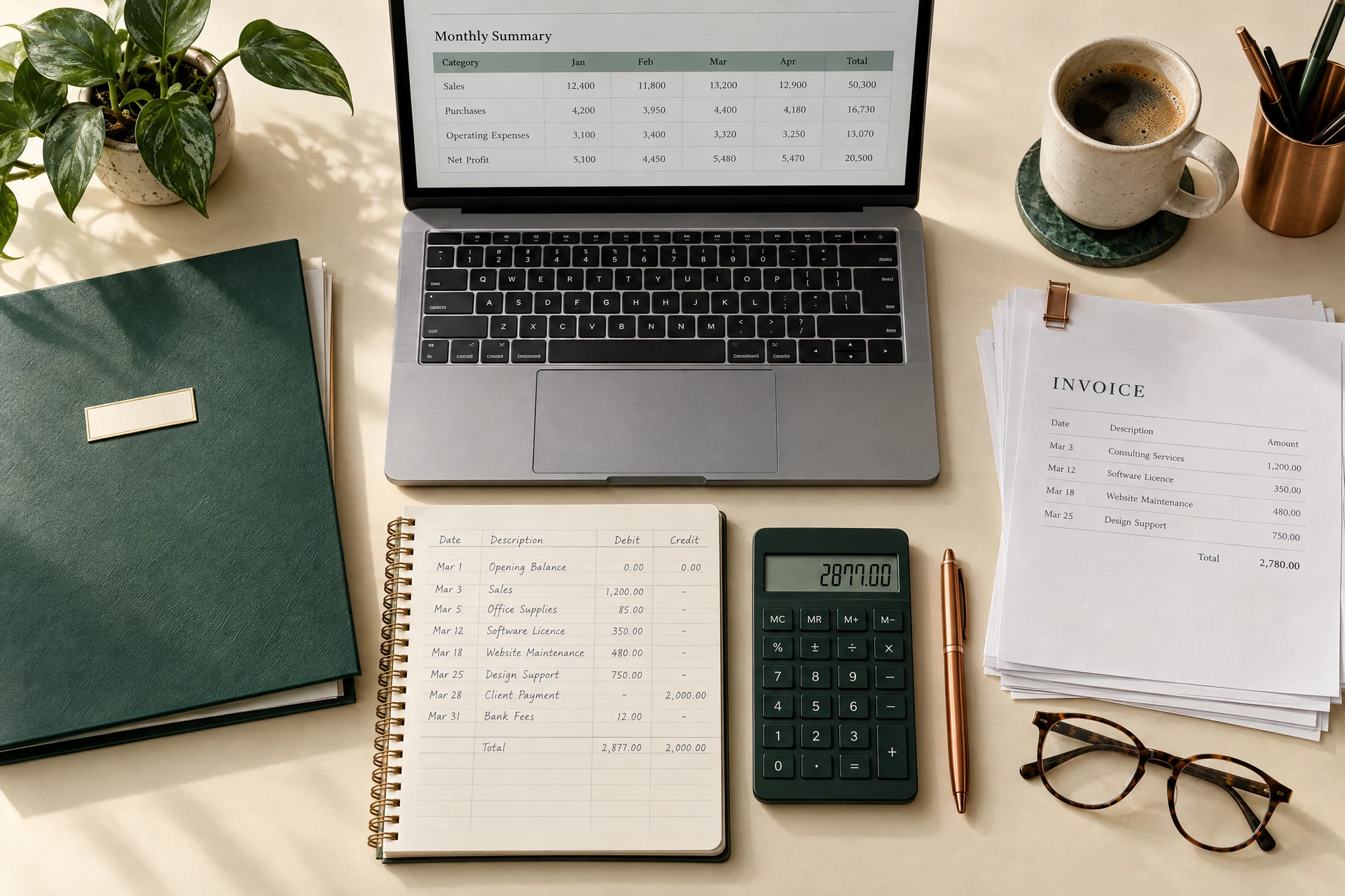 Escritorio de trabajo contable con computador mostrando un resumen mensual, cuaderno con columnas de números, calculadora, facturas y una carpeta verde